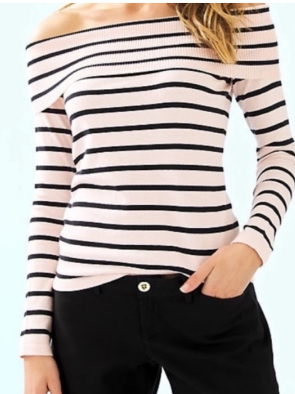 NWT Lilly Pulitzer Off-Shoulder Small Clarette Sweater in Pink and Black
Stripes